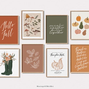 Herbst druckbare Wand Kunst Set von 14, Herbst Dekor, Herbst Kürbisse Druck, Wild Pilze Kunst, Herbstblätter Druck, gemütliche Herbst Dekor
