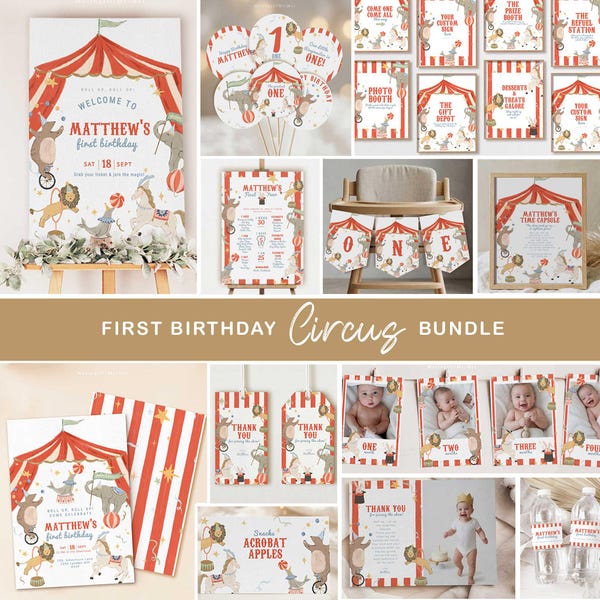 Vintage Circus First Birthday Party Bundle, Whimsical Decorations (Editable Template)