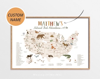 Mapa personalizado de parques nacionales, decoración para habitación infantil (descarga digital)