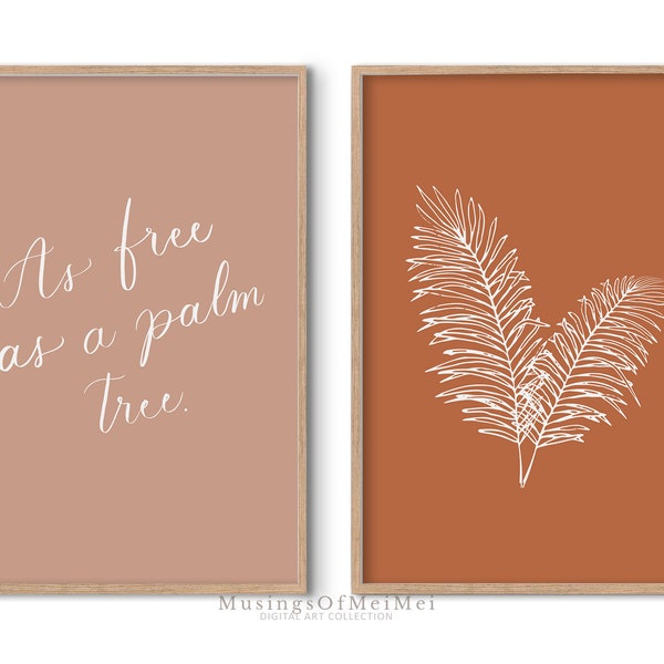 Palm Tree Wall Art Set, Free as a Palm Tree Prints, Gallery Wall Art Set of 2, Boho Prints, Warm Earth Tone Colors, Quote Prints, Line Art