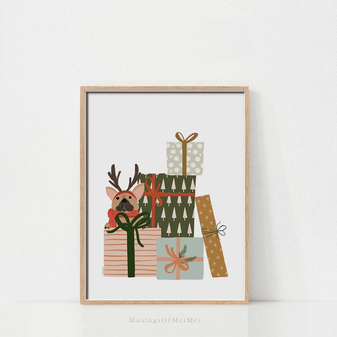 Holiday Decor Print, Frenchie Art Print, Printable Wall Art, Christmas
