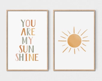 You Are My Sunshine, Sun Print, Set of 2 Wall Art, Boho Nursery Prints, Printable Wall Art, Sunshine and Quote, Kids Room Decor, Classroom