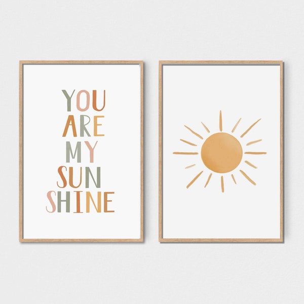 You Are My Sunshine, Sun Print, Set of 2 Wall Art, Boho Nursery Prints, Printable Wall Art, Sunshine and Quote, Kids Room Decor, Classroom