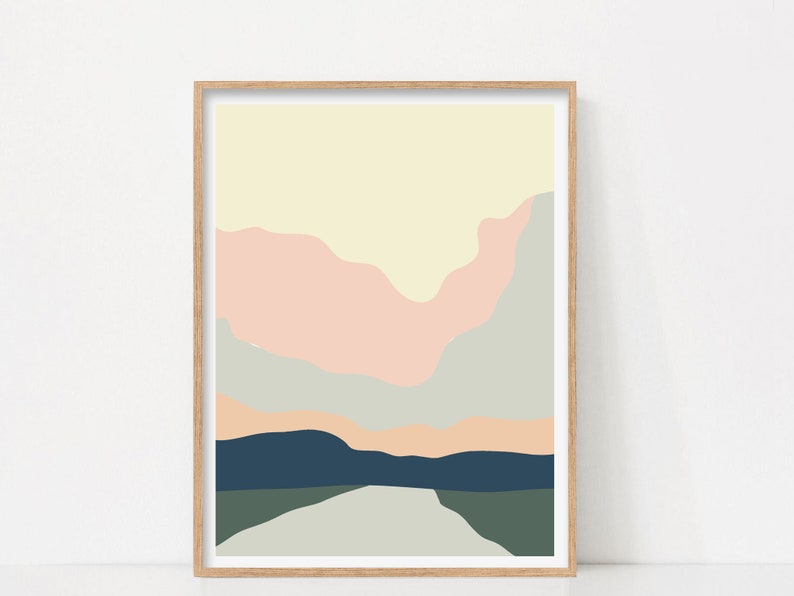 Abstract Landscape Printable Art, Minimalist Mountain Digital Print, Nordic Scenery Poster, Modern Scandinavian Wall Art, Pastel Color Print image 1