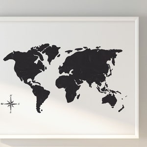 Wanderlust Map Print, Affiche de voyage, World Map Wall Art, Impression murale en noir et blanc, Téléchargement numérique, Décor mural monochrome, Minimaliste