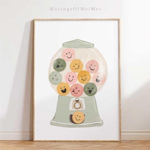 Impresión de máquina de chicles sonriente y divertida para decoración de habitación infantil, arte de pared positivo para guardería, póster de felicidad pastel, descarga digital