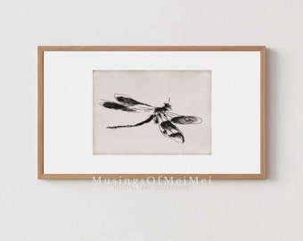 Vintage Dragonfly Sketch, Neutral Frame TV Art (Digital Download)