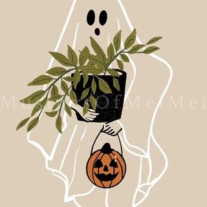 May include: A white ghost holding a potted green plant and a small orange pumpkin with a jack-o'-lantern face. The ghost is wearing a white sheet and has two black eyes and a surprised expression.