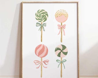 Pastel Lollipop Wall Art Printable for Kids Room, Cute Candy Nursery Decor with Bows, Sweet Playroom or Baby Girl Print, Girly Playroom Art