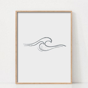 Peut inclure: Un dessin minimaliste d'une vague en gris clair, encadré dans un cadre en bois naturel.