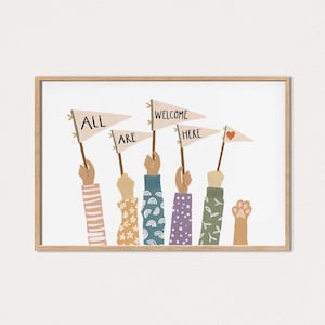 May include: A colorful illustration of six hands holding up flags with the words "ALL ARE WELCOME HERE" and a heart. The flags are on a white background and the hands are wearing different patterned sleeves.