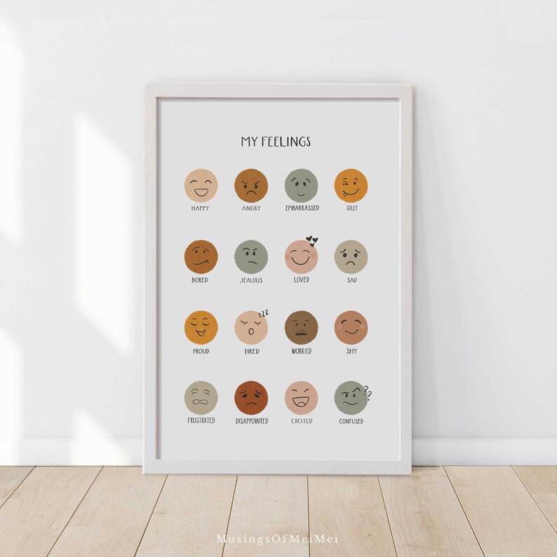 Peut inclure: Une affiche encadr&eacute;e intitul&eacute;e MY FEELINGS pr&eacute;sentant seize ic&ocirc;nes circulaires aux tons terreux. Chaque cercle affiche une expression faciale unique avec des &eacute;tiquettes textuelles correspondantes, notamment happy, angry, embarrassed, silly, bored, jealous, loved, sad, proud, tired, worried, shy, frustrated, disappointed, excited et confused.