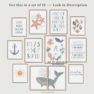 May include: Set of 12 printable nursery art prints featuring ocean-themed illustrations. The prints include a starfish, anchor, sun, whale, alphabet, numbers, and a quote about kindness. The prints are in a light blue and beige color scheme.