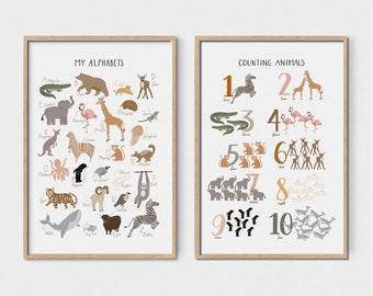 Animal Alphabet and Numbers Posters, Boho Nursery Decor (Digital Download)
