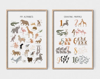 Animal Alphabet and Numbers Posters, Set of 2, Printable Wall Art, Boho Nursery Decor, Rainbow Kids Room Decor, Nursery Posters, Playroom