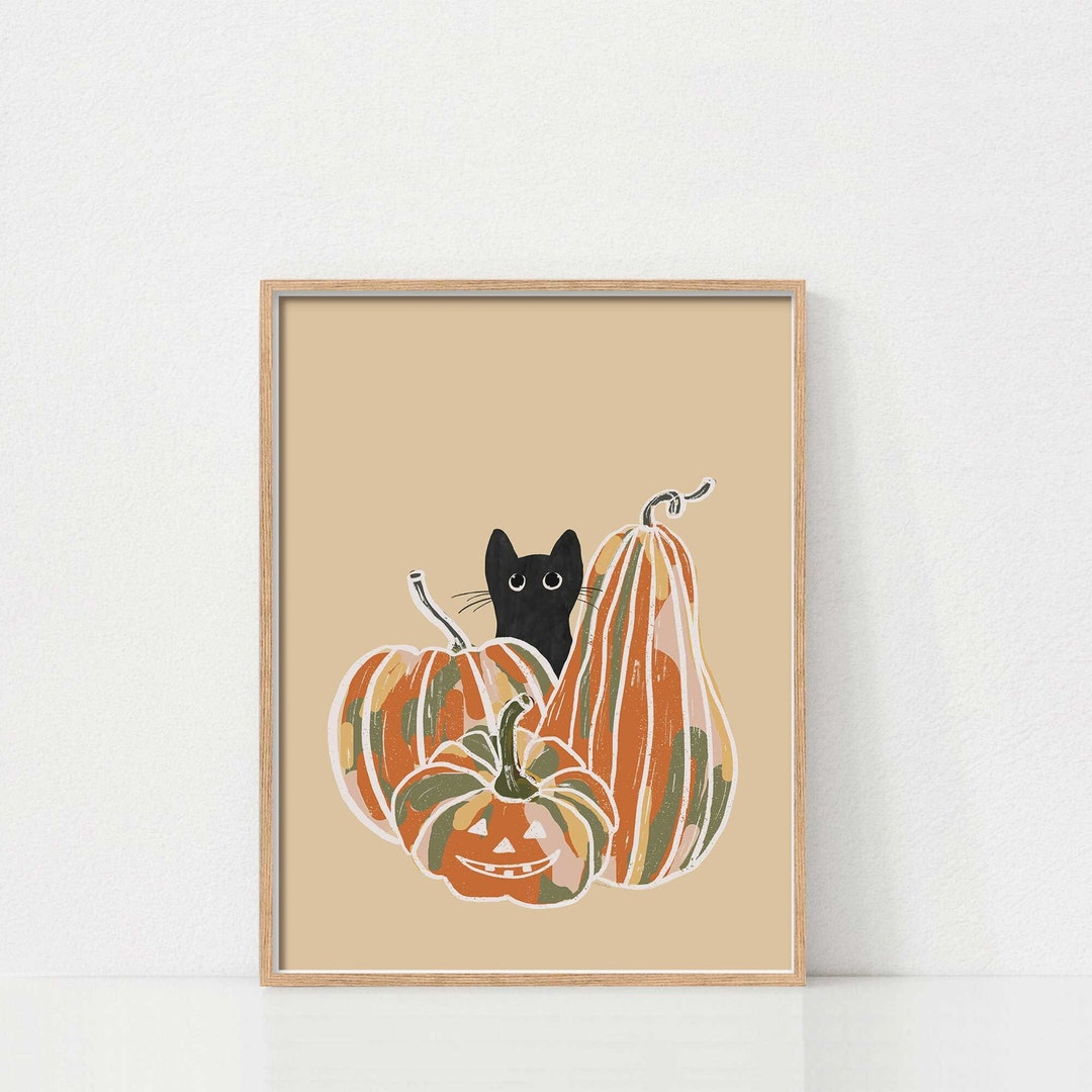 Fall Pumpkin and Cat Wall Art, Halloween Pumpkin Print, Printable Wall ...