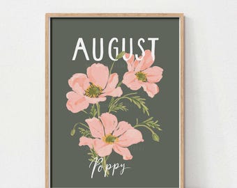 August Birth Flower Printable Wall Art, Poppy Floral Wall Art, Birth Month Flower Poppy, Birthday Gift, Unique Home Decor, DIGITAL DOWNLOAD