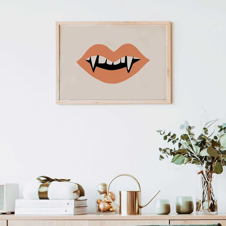 Halloween Fangs Wall Art, Halloween Home Decor, Fall Wall Art, Halloween Art Print, Vintage Halloween Wall Art, Neutral Color, Spooky Cute image 3