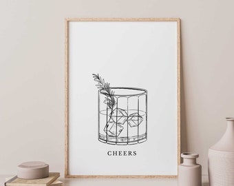 Bar Cart Print, Drinks Wall Art, Black and White Art, Bar Art Prints, Vintage Retro Bar Print, Printable Wall Art, Minimalist Wall Art