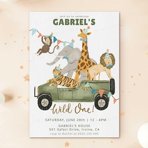 Safari Animals Birthday Boy Invitation, Wild One Printable Invite, Jungle Animals Birthday Theme, Fun Party Animals Birthday Editable Invite