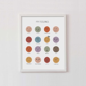 May include: A printable chart with colorful illustrations of different emotions. The chart is titled "My Feelings" and includes words like "Happy", "Angry", "Embarrassed", "Silly", "Bored", "Jealous", "Loved", "Sad", "Proud", "Tired", "Worried", "Shy", "Frustrated", "Disappointed", "Excited", and "Confused".