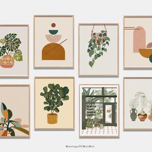 May include: Set of eight printable wall art prints featuring abstract geometric shapes, plants, and greenery in a minimalist style with a muted color palette of brown, green, pink, and white.