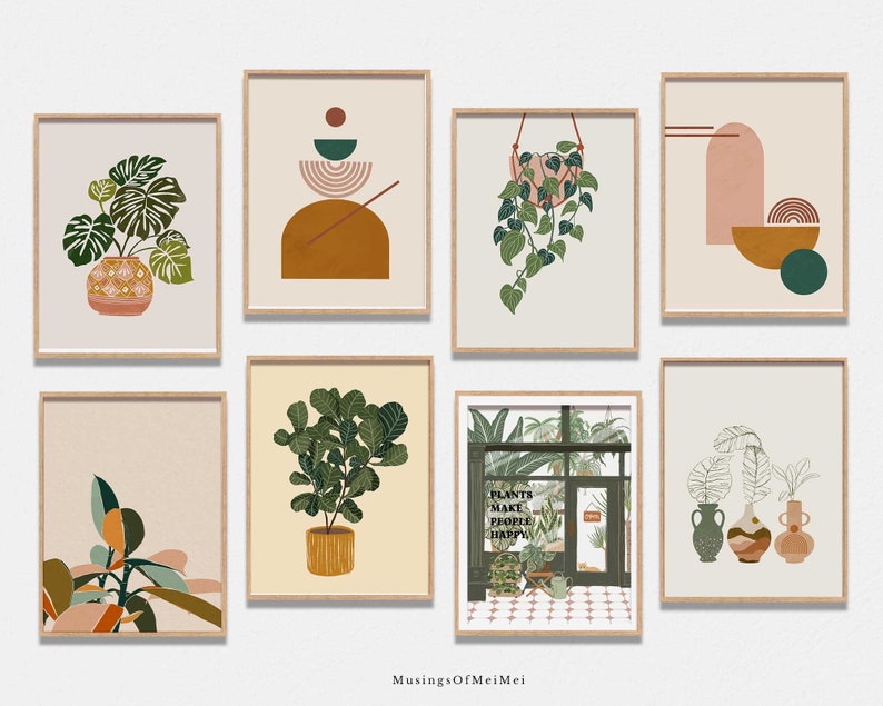 May include: Set of eight printable wall art prints featuring abstract geometric shapes, plants, and greenery in a minimalist style with a muted color palette of brown, green, pink, and white.