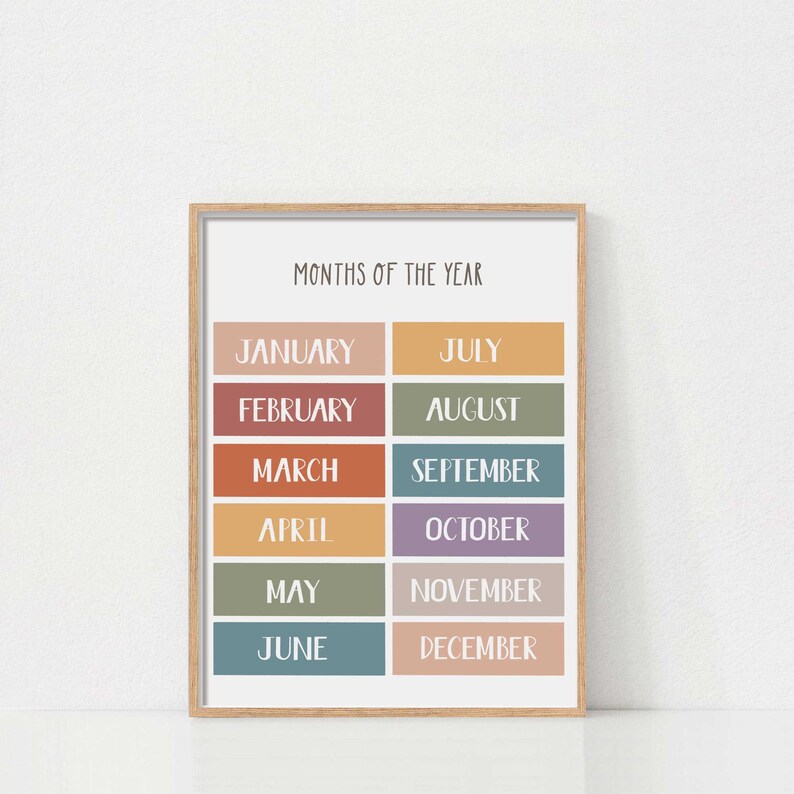 May include: A printable chart with the months of the year in a colorful, rectangular grid. Each month is written in white text on a different colored rectangle. The chart is framed in a light wood frame.