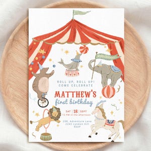 Editable Circus First Birthday Invitation, Watercolor Carnival 1st Birthday Invite, Big Top Party Template, Vintage Circus Theme