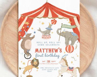 Editable Circus First Birthday Invitation, Watercolor Carnival 1st Birthday Invite, Big Top Party Template, Vintage Circus Theme