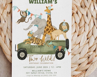 Two Years Old Safari Animal Party Editable Birthday Template, Printable Jungle Safari Animals, Two Wild Birthday Invite, 2nd Birthday Boy