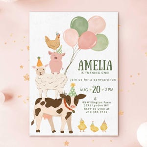 May include: A whimsical birthday invitation featuring a cow, sheep, pig, and chicken, all wearing party hats. The invitation includes the name "Amelia", the date August 20th, and the time 2 PM, with a barnyard theme.