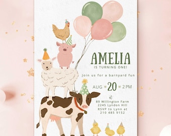 Cute Farm Animal Birthday Editable Invite, Fun 1st Birthday Baby Girl Printable Invite, Barnyard Animals Theme Invitation, Digital Download