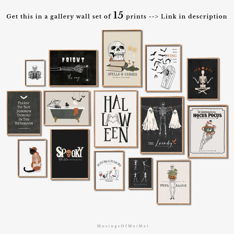 May include: A set of 15 Halloween-themed printable wall art prints. The prints feature skeletons, ghosts, bats, pumpkins, and other spooky imagery. The prints are in black, white, and orange.