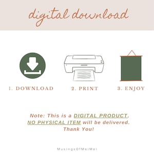 Puede incluir: Un gr&aacute;fico de descarga digital con tres pasos: descargar, imprimir y disfrutar. El gr&aacute;fico presenta una flecha de descarga verde, una impresora en blanco y negro y un marco de p&oacute;ster verde.