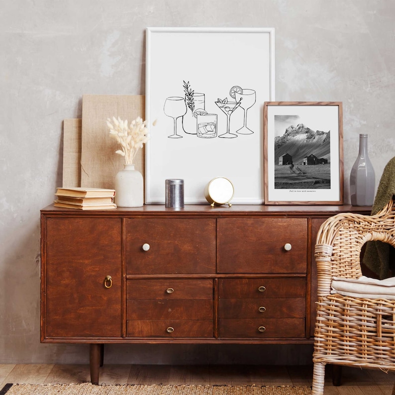 Bar Cart Art Minimalist Bar Art Print Black and White Art Etsy