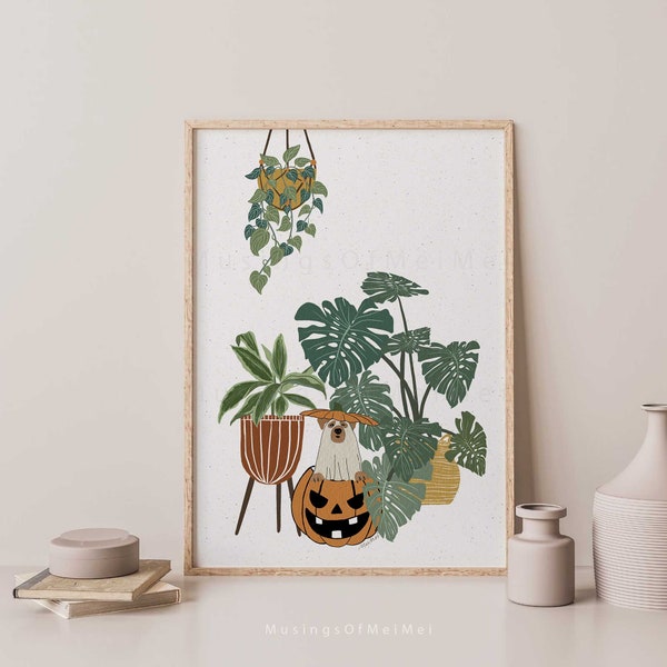 Halloween Dog in Pumpkin, Halloween Plant Lover, Printable Wall Art, Halloween Decor for Dog Lovers Plant Lovers, Printable Halloween Poster