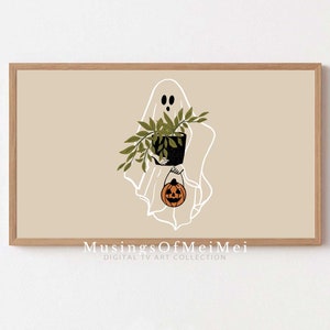 May include: A white ghost holding a potted plant and a small orange jack-o'-lantern. The ghost is outlined in black and has a simple face. The background is a light beige color. "Musing of Mei Mei Digital Art Collection" is written in black at the bottom of the image.