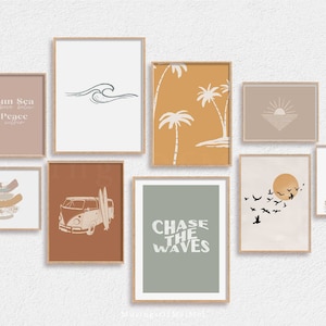 Beach Prints Gallery Wall Set of 9, Wave Print, Boho Beach Prints, Printable Wall Art, Palm Tree Print, Quote Print, Line Art, Surf Print,