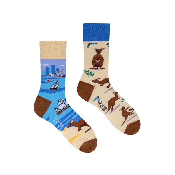 Chaussettes kangourou | Chaussettes kangourous de Sydney | Chaussettes australiennes | chaussettes dépareillées | Chaussettes amusantes | chaussettes à motifs | chaussettes colorées