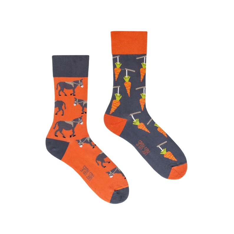 Stick & Carrot colorful socks cool socks mismatched socks crazy socks patterned socks funny, funky socks donkey pattern image 1