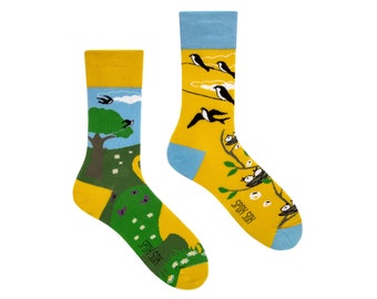 One swallow doesn't make a spring | spring socks | mismatched socks | crazy socks | funny, funky socks | birds pattern