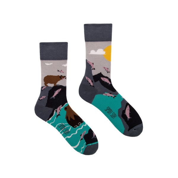 Bears & Salmons socks | colorful socks | cool socks | mismatched socks | crazy socks | patterned socks | funny, funky socks | Alaska