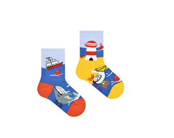 Chaussettes pour enfants de la côte de la mer | chaussettes dépareillées pour enfants | chaussettes amusantes pour enfants Chaussettes marines | Chaussettes phare | Chaussettes de voile | Chaussettes de mer |