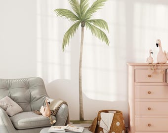 Palm Tree Wall Decal, Safari Jungle Nursery Wall Decor, Peel and Stick Fabric Wall Sticker, Tropical Removable Wall Art, Watercolor Wall Art
