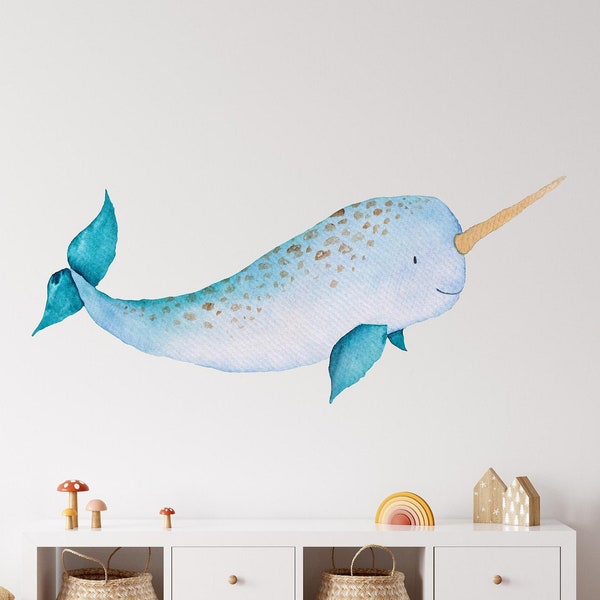 Baby Narwhal Fabric Wall Decal, Whale Wall Decal, Ocean Sea Animal, Removable Wall Sticker Peel and Stick Nursery Playroom Baby Room Decor