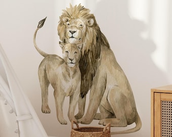 Lion & Lioness Wall Decal Jungle Animal Nursery Decor, Safari Wall Art, Removable Peel and Stick Fabric Wall Sticker