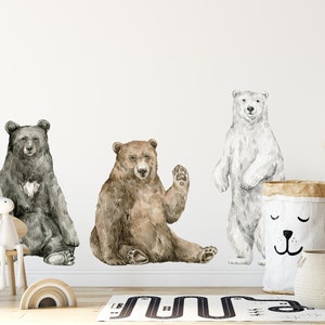 Watercolor Bears Wall Decal Set of 3 Removable Fabric  Woodland Forest Whimsical Bears Wall Sticker Nursery Decor