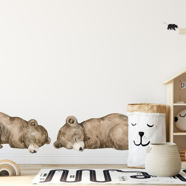 Sleepy Baby Bear Cubs Wall Decal Set of 2 Watercolor Woodland Forest Animal Fabric Wall Stickers
