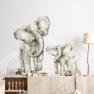 Mother & Baby Elephant Fabric Wall Decal Set - Elephant Wall Sticker - Safari Animal Nursery Decor - Peel and Stick